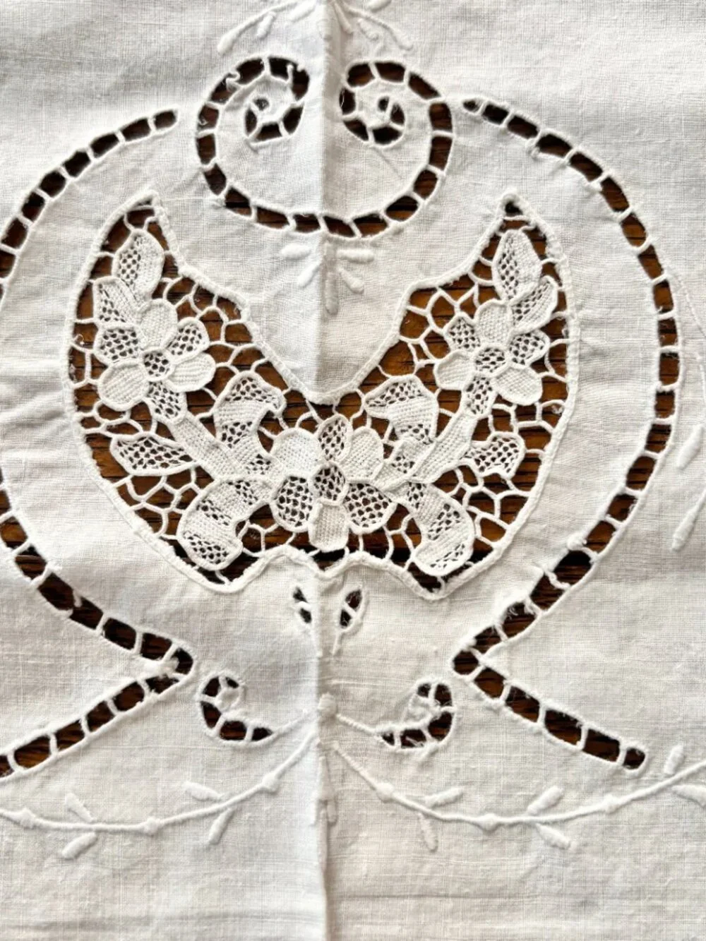 Vintage White Linen Eyelet Embroidered Tablecloth 68 x 84